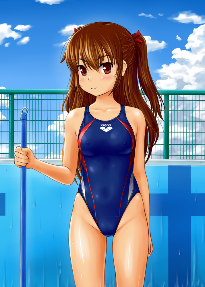 arena_(company) blue_swimsuit breasts broom brown_hair cloud competition_swimsuit covered_nipples day empty_pool highleg highleg_swimsuit long_hair medium_breasts one-piece_swimsuit original red_eyes solo standing swimsuit tan tk4 two_side_up