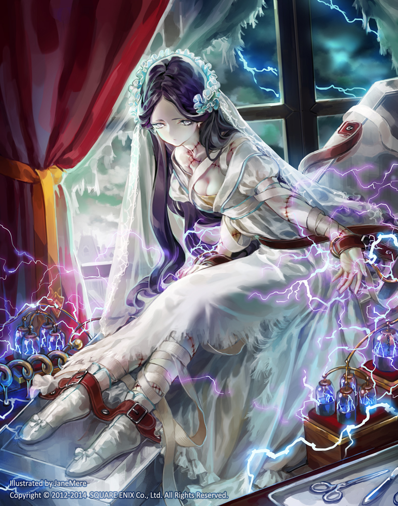 bandages breasts bridal_veil bride bride_of_frankenstein cleavage dark_sky dress electricity frankenstein guardian_cross indoors jane_mere jewelry lightning long_hair looking_down medium_breasts official_art purple_hair solo square_enix stitches strap torn_clothes trading_card veil wedding_dress white_eyes white_skin window zombie