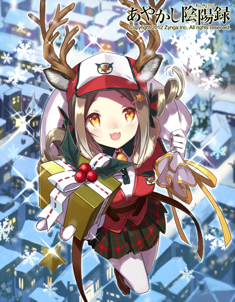 :d animal_ears antlers ayakashi_onmyouroku blurry box brown_eyes brown_hair building_block christmas depth_of_field from_above gift gift_box hair_ornament hairclip hat looking_at_viewer looking_up mistletoe miyoshino open_mouth pantyhose plaid plaid_skirt pleated_skirt reindeer_antlers reindeer_ears sack shoes skirt smile snowflakes solo star twintails white_legwear