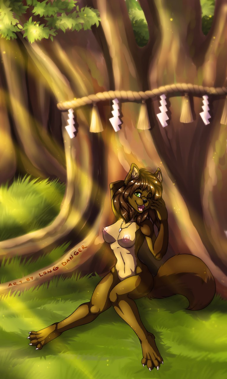 breasts brown_fur brown_hair canine female forest fur grass hair longdanger looking_at_viewer mammal nipples nude one_eye_closed open_mouth smile solo tree wolf