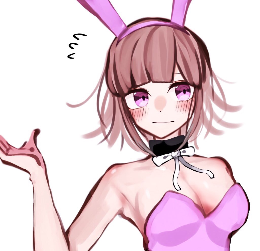 1girl animal_ears bare_arms bare_shoulders black_collar blush breasts bunny_ears bunny_girl bunny_hair_ornament cleavage closed_mouth collar danganronpa embarrassed eyebrows_behind_hair flipped_hair hair_ornament large_breasts looking_to_the_side nanami_chiaki open_eyes open_hand pink_bunny_ears pink_eyes pink_hair pink_suit rairo_yusa ribbon short_hair simple_background solo super_danganronpa_2 white_background white_ribbon