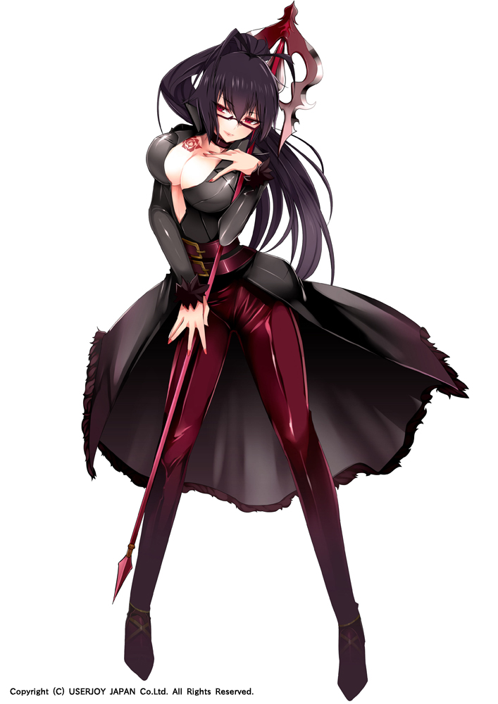 banned_artist black_hair breasts cleavage full_body glasses impossible_clothes large_breasts long_hair looking_at_viewer official_art polearm ponytail red_eyes rimless_eyewear seikon_no_el_dorado simple_background smile solo spear standing tetsubuta weapon white_background