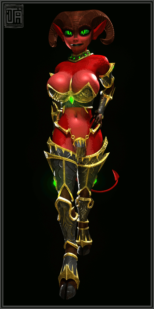 3d animated armor big_breasts breast_jiggle breasts bulge clothed clothing demon demoness dickgirl ezria female glowing gold hand_on_hip hooves horn intersex invalid_color invalid_tag jessica_anner jewelry not_furry scalie skimpy succubus tailwag unconvincing_armor walk_cycle walking