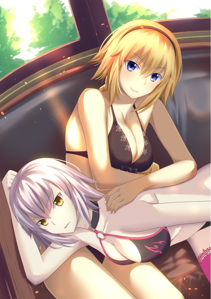 2girls bikini black_bikini black_hairband blonde_hair blue_eyes breasts cleavage commentary_request couch fate/grand_order fate_(series) hairband head_tiltl inaroinaroi jeanne_d'arc_(alter_swimsuit_berserker) jeanne_d'arc_(fate)_(all) jeanne_d'arc_(swimsuit_archer) large_breasts light_blush long_hair looking_at_viewer lying_on_lap multiple_girls o-ring o-ring_bikini o-ring_top pale_skin short_hair silver_hair sitting smile swimsuit thighhighs yellow_eyes