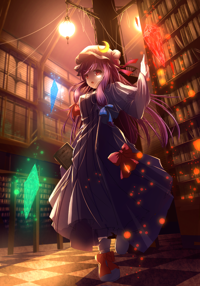 book bookshelf bow breasts capelet coat crescent dress floating_rock gem glowing grimoire hair_ribbon hat lamp large_breasts library long_hair long_sleeves mob_cap open_clothes open_coat open_mouth patchouli_knowledge pengin_(takeoff425) power_lines purple_dress purple_hair red_eyes ribbon solo striped striped_dress tile_floor tiles touhou tress_ribbon very_long_hair