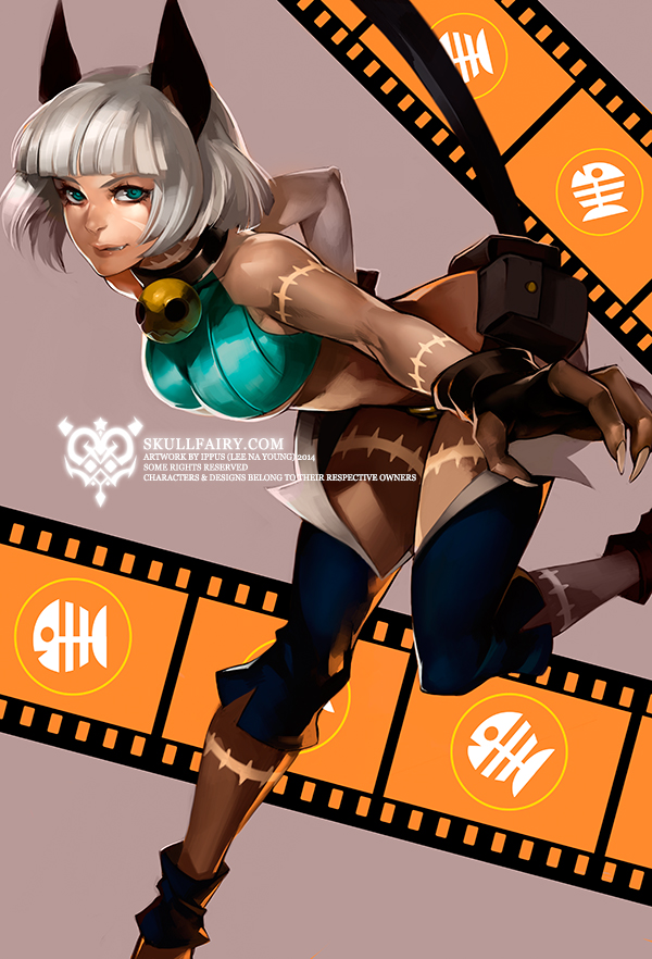 animal_ears aqua_eyes artist_name bangs bare_shoulders blunt_bangs bob_cut breasts cat_ears cat_tail claws commentary crop_top dark_skin fang film_strip gloves grey_hair large_breasts leaning_forward leg_up looking_at_viewer ms._fortune_(skullgirls) na_young_lee scar short_hair skullgirls solo standing standing_on_one_leg tail watermark web_address