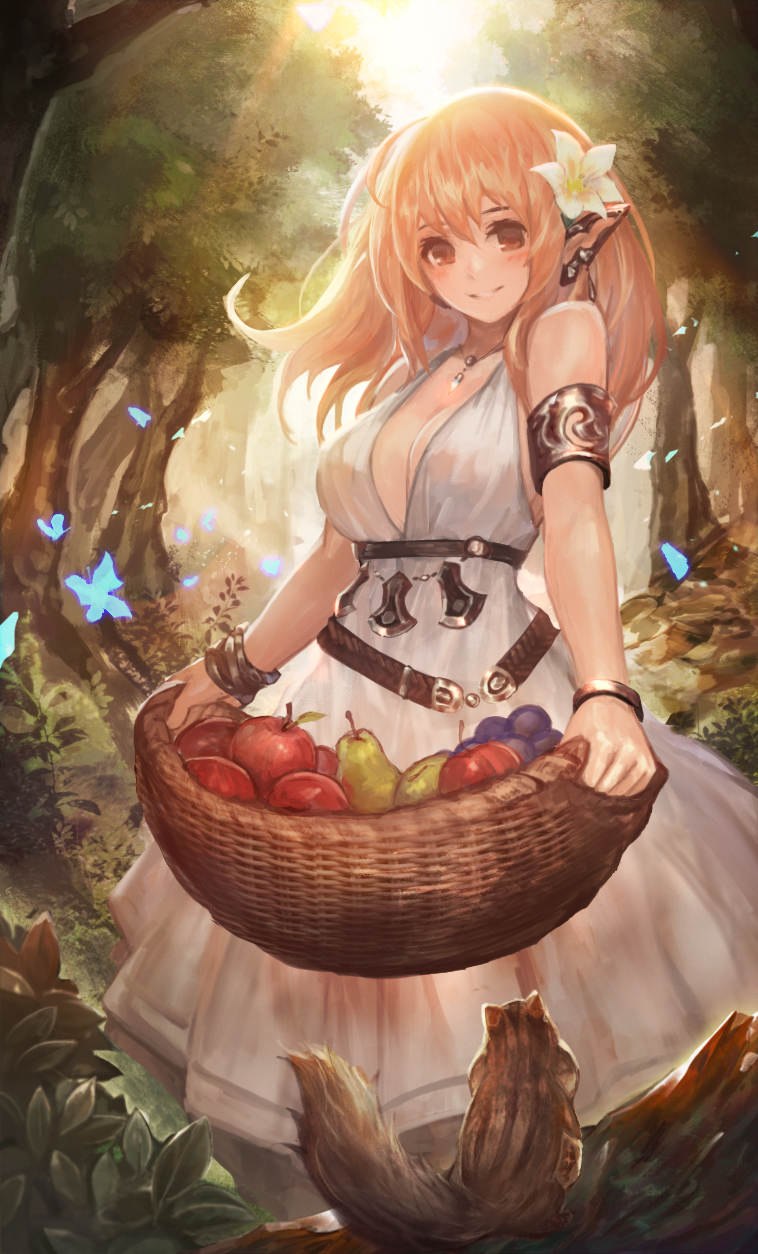 apple armlet bangs bare_shoulders basket belt blonde_hair blush bracelet breasts brown_eyes bug butterfly chipmunk cleavage dress ear_covers earrings elf flower food forest fruit grin hair_flower hair_ornament highres holding insect jewelry large_breasts lily_(flower) long_hair looking_at_viewer nature necklace orange_hair original outdoors pear pendant pointy_ears sleeveless sleeveless_dress smile solo squirrel standing sunlight tree white_dress yaoya_musuko