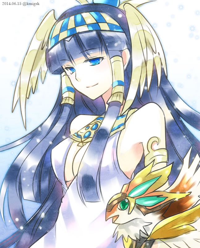 animal armlet bangs bare_shoulders bird black_hair blue_eyes blunt_bangs breasts chisa cleavage dated dress egyptian egyptian_clothes hair_tubes hairband horus_(p&amp;d) isis_(p&amp;d) light_smile long_hair medium_breasts mother_and_son puzzle_&amp;_dragons sleeveless sleeveless_dress solo twitter_username upper_body very_long_hair white_dress winged_hair_ornament