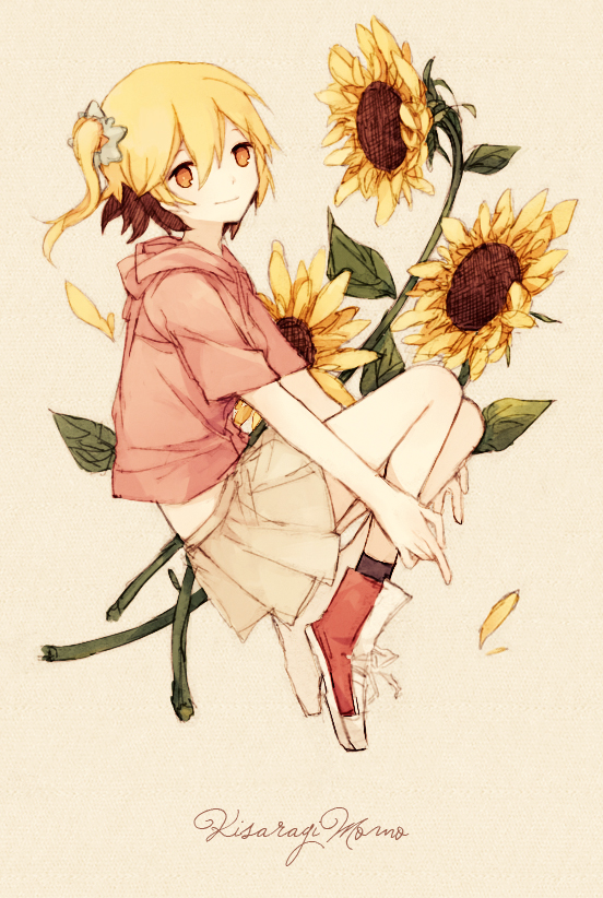 blonde_hair character_name flower hood hoodie kagerou_project kisaragi_momo long_hair orange_eyes shiro_kunugi side_ponytail solo sunflower