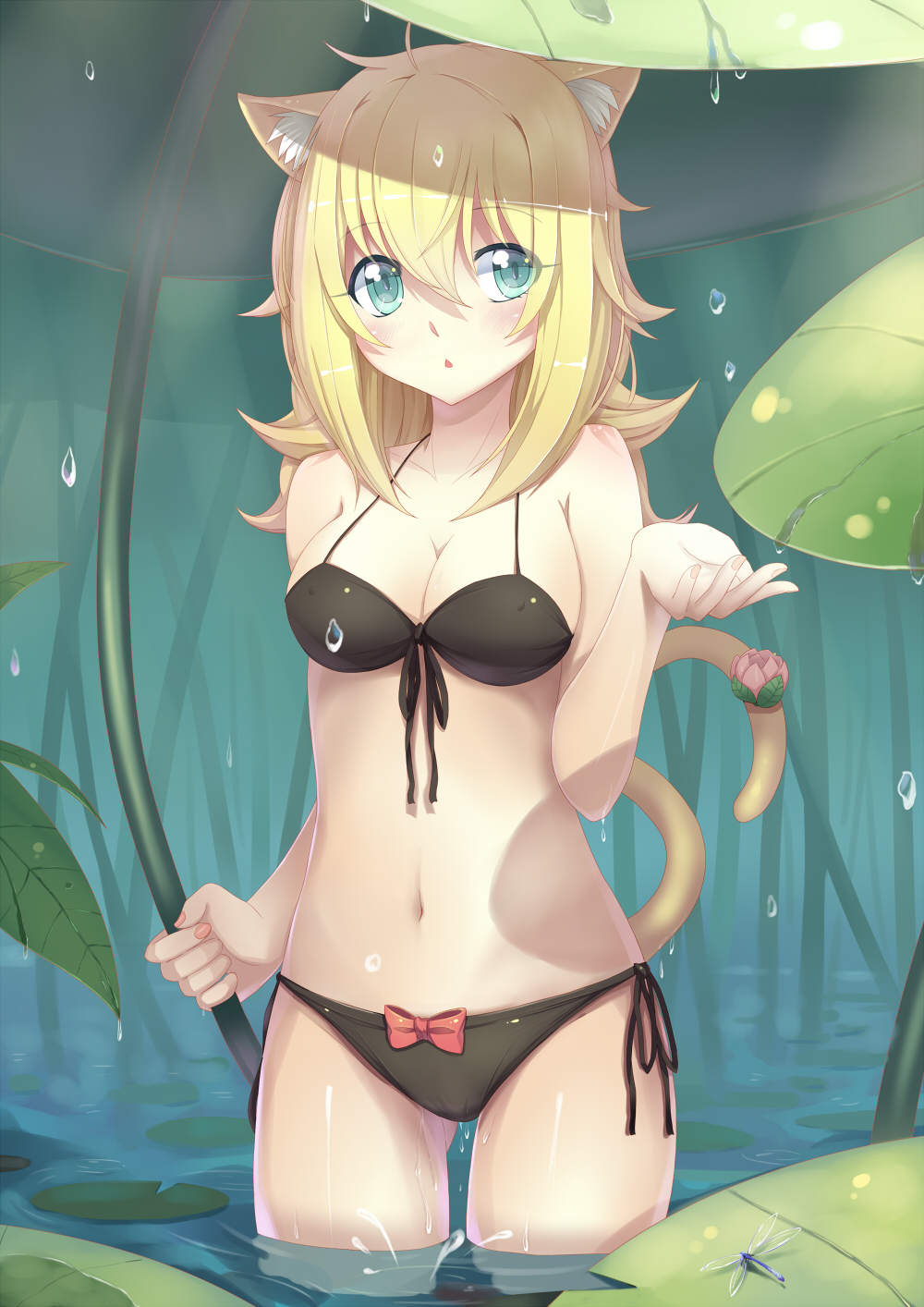animal_ears bikini black_bikini blonde_hair blue_eyes blush breasts bug cat_ears cat_tail chestnut_mouth cleavage covered_nipples dragonfly front-tie_top highres holding insect large_breasts long_hair looking_at_viewer nature original rain side-tie_bikini solo sonikey0_0 swimsuit tail wading water_drop