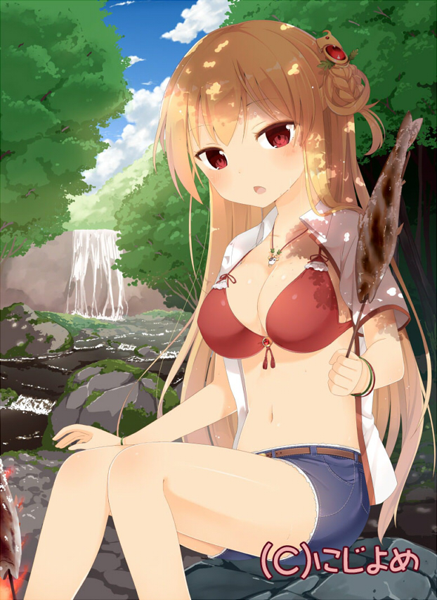 bangs bikini bikini_top blonde_hair braid breasts character_request chestnut_mouth cleavage cloud collarbone company_name dappled_sunlight day feet_out_of_frame fish hair_ornament holding jewelry large_breasts long_hair looking_at_viewer md5_mismatch muku_(muku-coffee) navel necklace open_clothes open_mouth open_shirt outdoors red_bikini red_eyes river shiny shiny_clothes shiny_skin shirt short_shorts short_sleeves shorts sitting sitting_on_rock sky solo sunlight swimsuit tree tree_shade tsurime valhalla_valkyries very_long_hair water waterfall