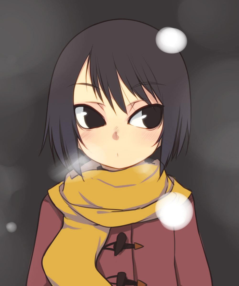 black_hair bob_cut boku_dake_ga_inai_machi coat highres hinazuki_kayo oza_watto scarf short_hair solo