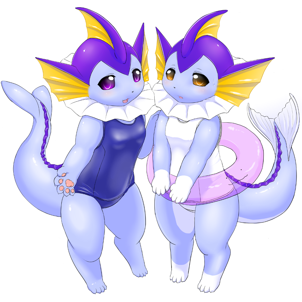 blue_body blush brown_eyes eeveelution fangs female fin fuddy inner_tube looking_at_viewer nintendo open_mouth plain_background pok&eacute;mon purple_eyes smile swimsuit vaporeon video_games white_background