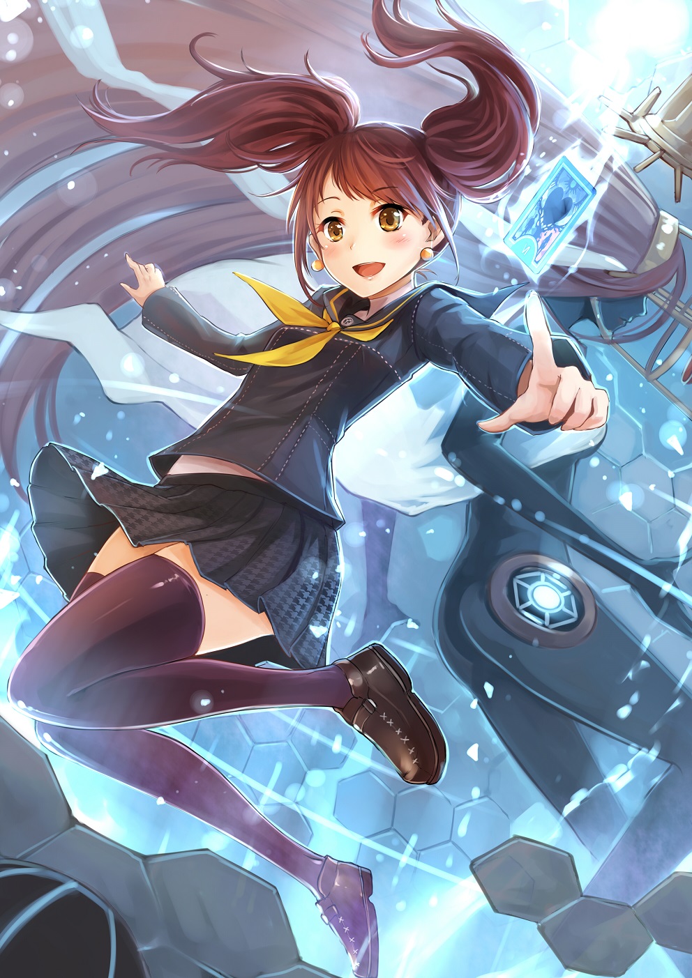:d black_legwear brown_eyes brown_hair highres himiko_(persona_4) ks kujikawa_rise looking_at_viewer open_mouth persona persona_4 pleated_skirt pointing pointing_at_viewer school_uniform serafuku shoes skirt smile solo twintails