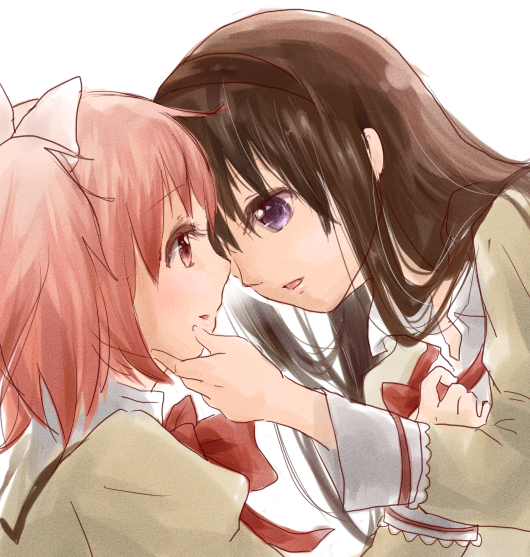 akemi_homura black_hair bow eye_contact face-to-face hair_bow hairband hand_on_another's_chin imminent_kiss kaname_madoka long_hair looking_at_another mahou_shoujo_madoka_magica multiple_girls pink_eyes pink_hair purple_eyes school_uniform short_hair short_twintails simple_background tsubame_(joy_534) twintails undressing white_background yuri