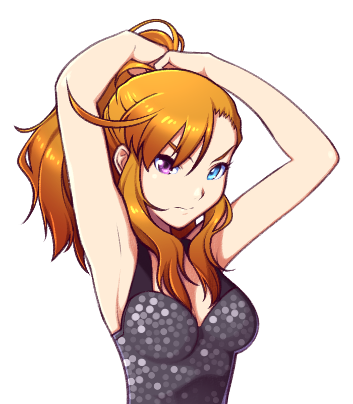 ahoge armpits arms_up bare_shoulders blue_eyes breasts bunching_hair cleavage hands_in_hair heterochromia idolmaster idolmaster_(classic) idolmaster_one_for_all leon_(idolmaster) long_hair looking_at_viewer medium_breasts orange_hair ponytail purple_eyes sat sideboob simple_background solo tank_top upper_body white_background