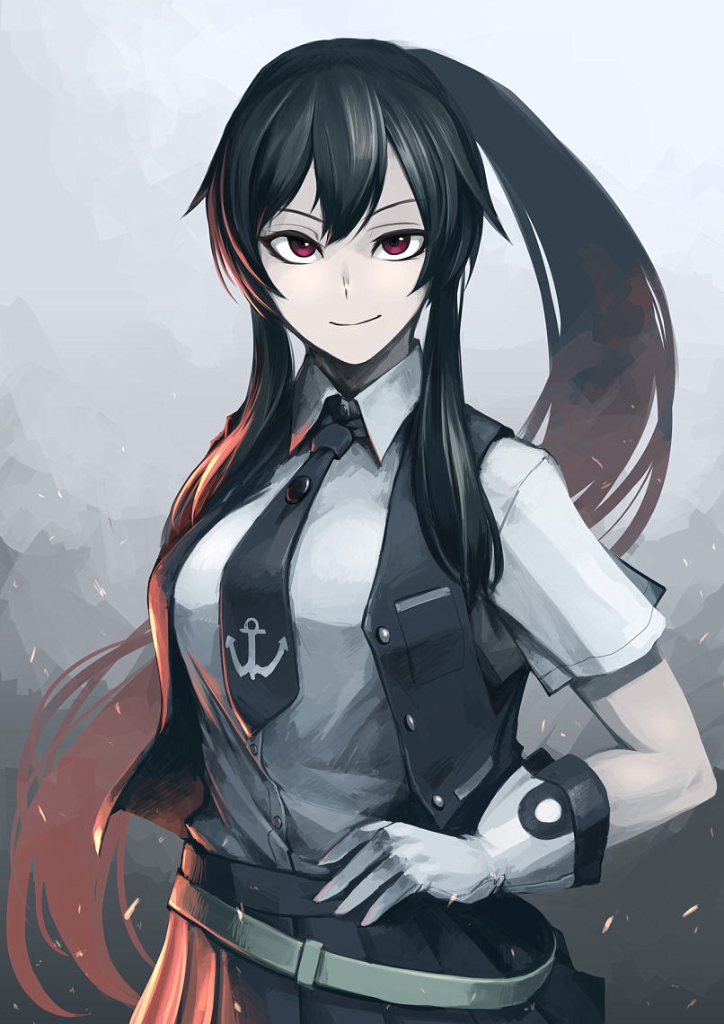 alternate_costume anchor belt breasts gloves grin hand_on_hip hetza_(hellshock) kantai_collection large_breasts long_hair looking_at_viewer necktie pleated_skirt ponytail red_eyes sidelocks skirt smile solo very_long_hair vest white_gloves yahagi_(kantai_collection)