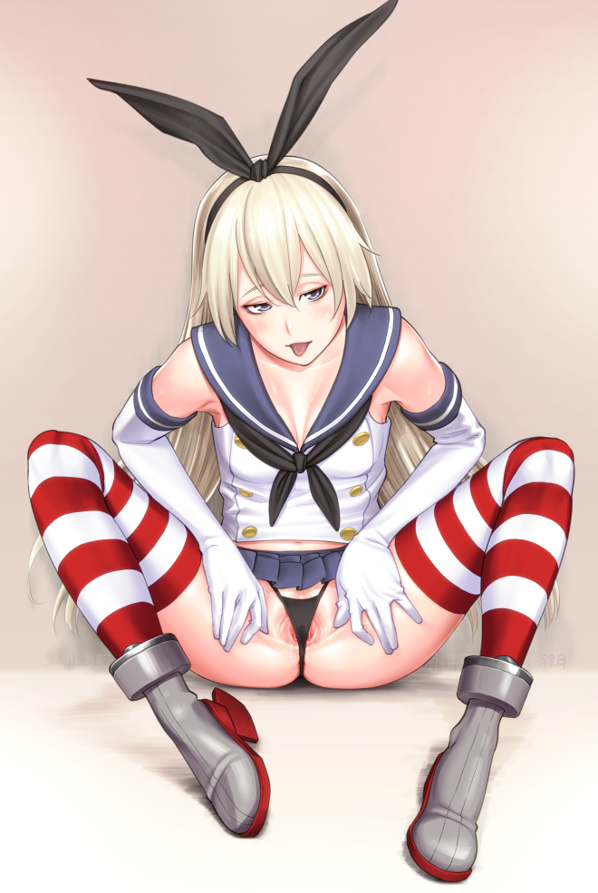 against_wall black_panties blonde_hair blush elbow_gloves gloves grey_eyes hairband highleg highleg_panties kantai_collection long_hair looking_at_viewer midriff navel panties pleated_skirt ragetsu sailor_collar shimakaze_(kantai_collection) sitting skirt solo spread_legs spread_pussy_under_clothes striped striped_legwear thighhighs tongue tongue_out underwear white_gloves