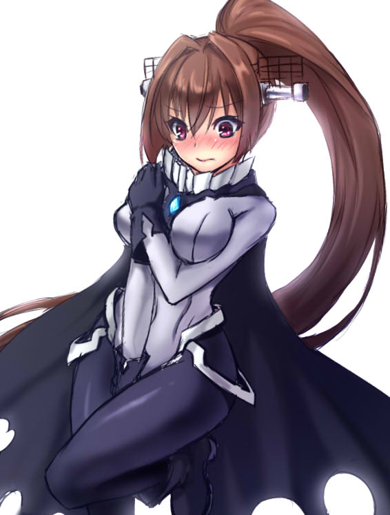 bad_id bad_pixiv_id black_gloves blush bodysuit breasts brown_hair cape cosplay covering covering_breasts covering_crotch gloves headgear kantai_collection large_breasts leg_up long_hair long_ponytail oukawa_yuu purple_eyes shinkaisei-kan solo white_background wo-class_aircraft_carrier wo-class_aircraft_carrier_(cosplay) yamato_(kantai_collection)