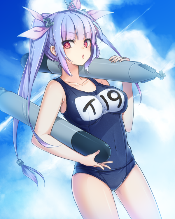 blue_hair breasts cloud collarbone covered_navel cowboy_shot day gradient_hair hair_ornament hair_ribbon holding holding_torpedo i-19_(kantai_collection) kantai_collection large_breasts long_hair looking_at_viewer multicolored_hair name_tag one-piece_swimsuit over_shoulder pink_hair red_eyes ribbon school_swimsuit sky solo star star-shaped_pupils swimsuit symbol-shaped_pupils torpedo twintails yue_teitoku