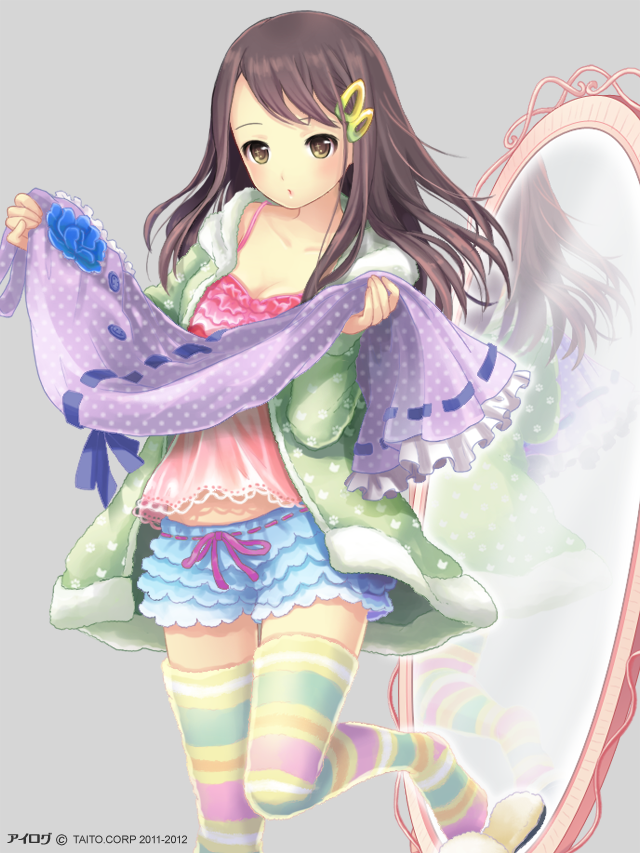 :o brown_eyes brown_hair camisole casual coat collarbone copyright_name fluffy_legwear frills grey_background hair_ornament hairclip holding_clothes hood hoodie ilog kuki_hitomi long_hair long_sleeves loungewear midriff mirror multicolored multicolored_stripes no_shoes occhan_(11715) official_art open_clothes open_coat open_hoodie print_hoodie ribbon-trimmed_clothes ribbon-trimmed_shorts ribbon_trim shorts slippers solo spaghetti_strap striped striped_legwear thighhighs