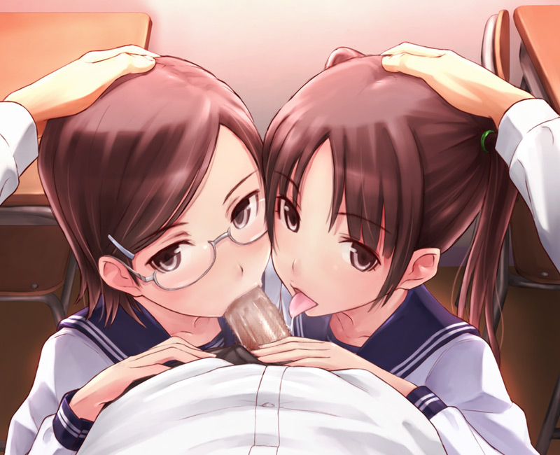 2girls blush brown_eyes brown_hair censored classroom desk fellatio ffm_threesome glasses group_sex hair_ornament hairclip hand_on_another's_head hetero licking long_hair looking_at_viewer multiple_fellatio multiple_girls oral original penis pov school_uniform serafuku shimano_natsume short_hair solo_focus threesome tongue twintails