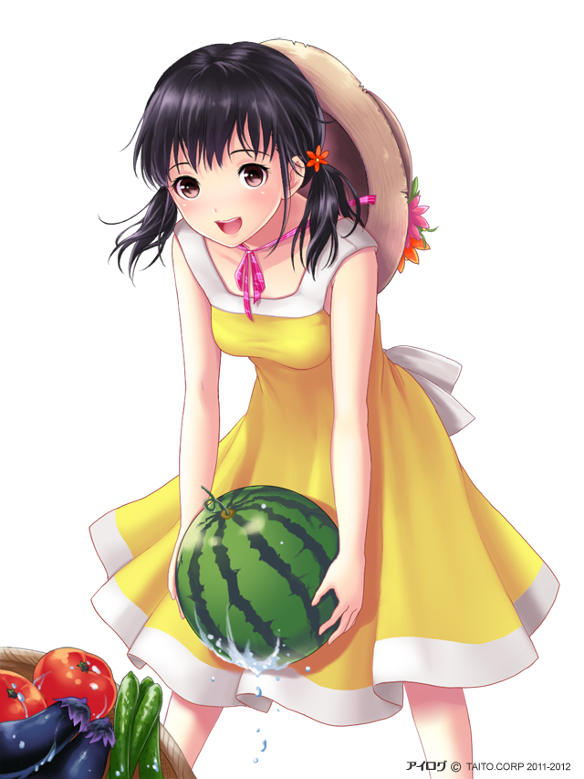 :d akiyama_minaki black_hair carrying cucumber dress eggplant food fruit hair_ornament hat hat_around_neck hat_removed headwear_removed ilog looking_at_viewer occhan_(11715) official_art open_mouth simple_background smile solo straw_hat tomato twintails watermelon white_background yellow_dress