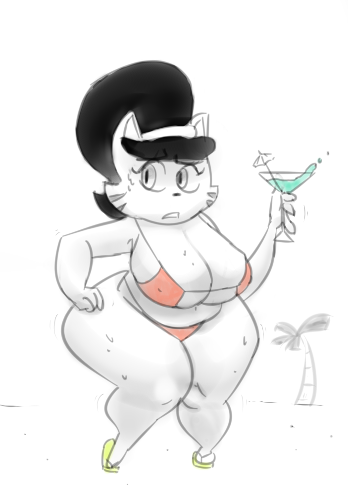 alcohol beverage big_breasts bikini breasts cat cleavage clothed clothing drink feline female hairband mammal mrs._katswell solo sweat swimsuit t.u.f.f._puppy thick_thighs unknown_artist wide_hips