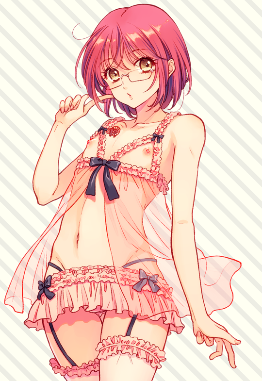 :o androgynous ayamiya_fumi babydoll bad_id bad_pixiv_id banned_artist beige_background cowboy_shot crossdressing expressionless eyelashes garter_straps glasses gowther leg_garter lingerie looking_at_viewer male_focus nanatsu_no_taizai navel nippleless_clothes nipples nude otoko_no_ko parted_lips pink_hair pointing pointing_at_self short_hair simple_background solo standing striped striped_background tattoo underwear yellow_eyes