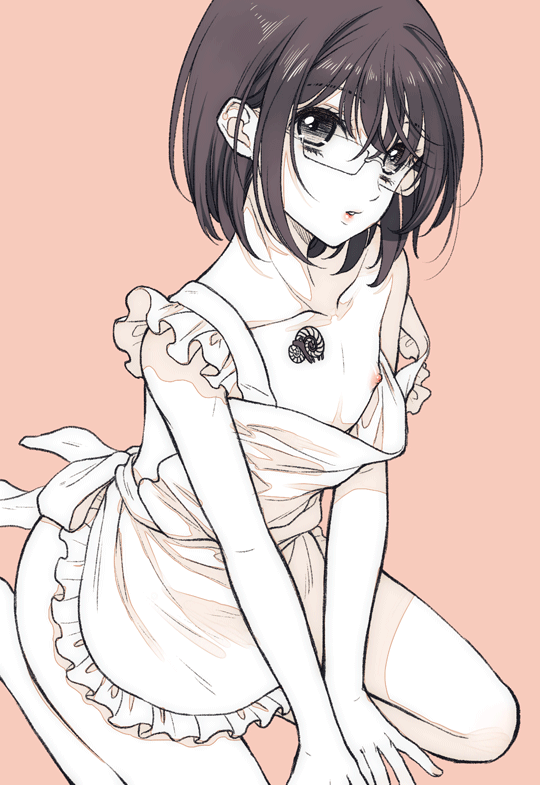 androgynous apron ayamiya_fumi bad_id bad_pixiv_id banned_artist beige_background between_legs black_eyes black_hair collarbone crossdressing expressionless eyelashes glasses gowther hand_between_legs hands_together looking_at_viewer male_focus naked_apron nanatsu_no_taizai nipples otoko_no_ko short_hair simple_background solo tattoo v_arms