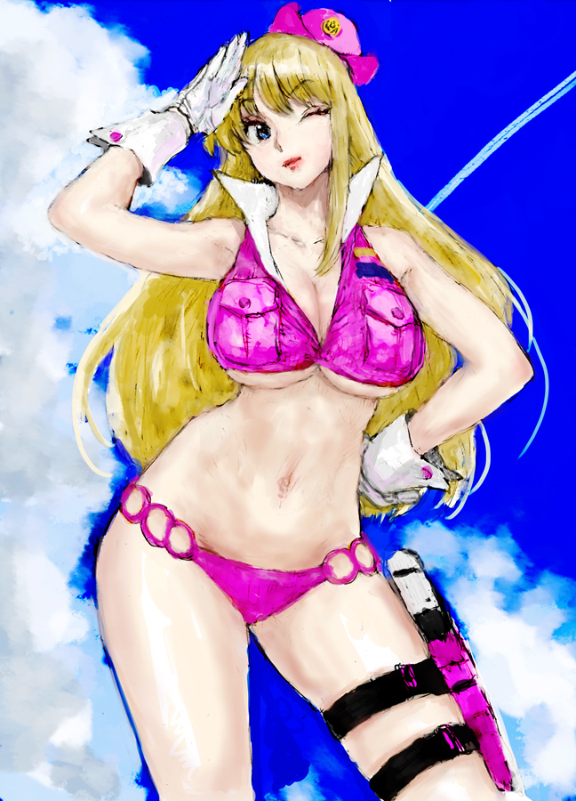 akimoto_katherine_reiko bikini blonde_hair blue_eyes breasts cleavage cloud cowboy_shot crop_top day gloves hat holster kochikame large_breasts lips long_hair navel o-ring o-ring_bottom one_eye_closed pon salute shiny shiny_skin sky solo standing swimsuit thigh_holster white_gloves