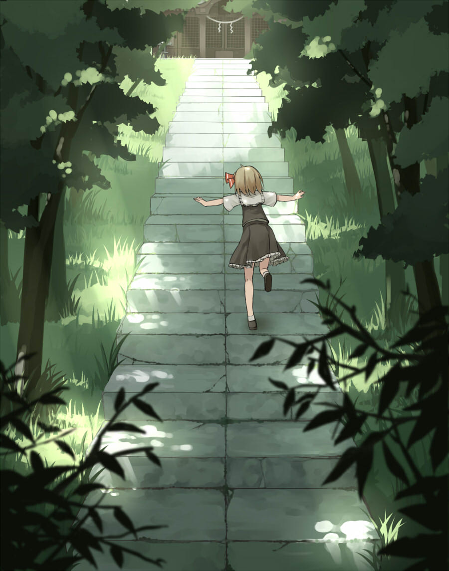 blonde_hair forest frilled_skirt frills hair_ribbon hakurei_shrine nature outstretched_arms ribbon rumia sh_(562835932) shirt short_hair short_sleeves shrine skirt spread_arms stairs touhou vest