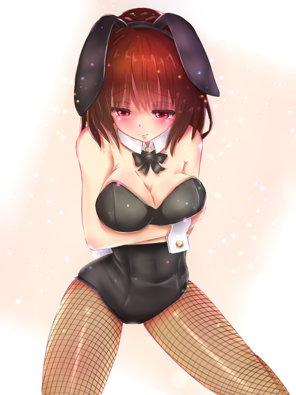 animal_ears bare_shoulders blush breast_hold breasts brown_hair bunny_ears bunny_tail bunnysuit cleavage coco_(r5m) detached_collar embarrassed fake_animal_ears fishnets large_breasts looking_away looking_down pantyhose red_eyes shameimaru_aya short_hair solo tail touhou wrist_cuffs