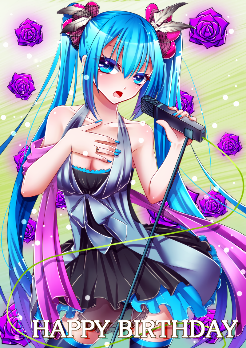 bad_id bad_pixiv_id blue_eyes blue_hair dress hand_on_own_chest happy_birthday hatsune_miku long_hair microphone microphone_stand nail_polish open_mouth solo thighhighs twintails uekiya_touki very_long_hair vocaloid
