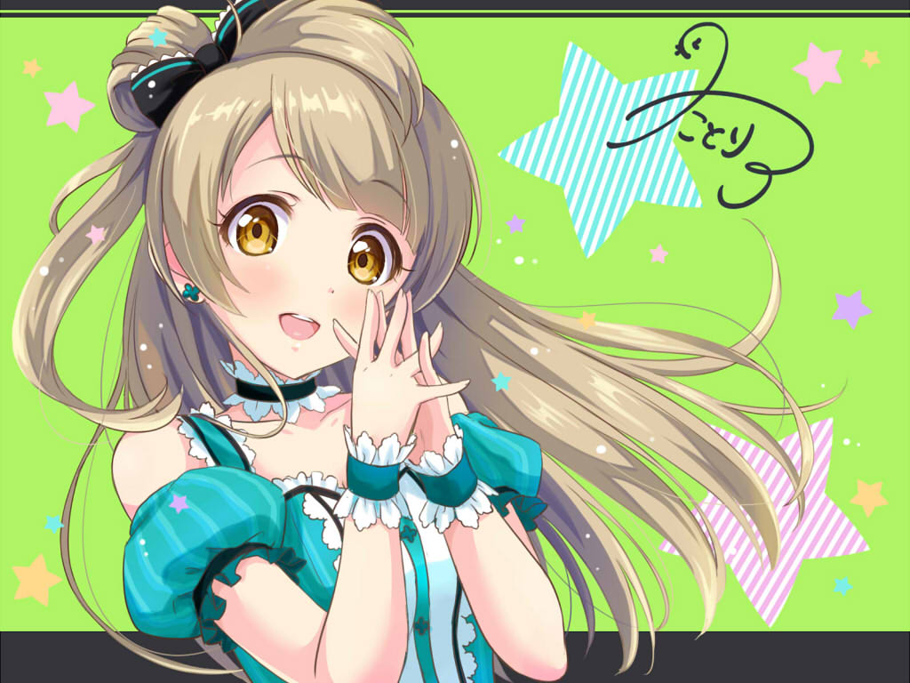 bow brown_eyes brown_hair character_name character_signature detached_sleeves hair_bow hands_together idol long_hair love_live! love_live!_school_idol_project minami_kotori one_side_up open_mouth puffy_detached_sleeves puffy_sleeves signature smile solo star yuuki_(yukinko-02727)