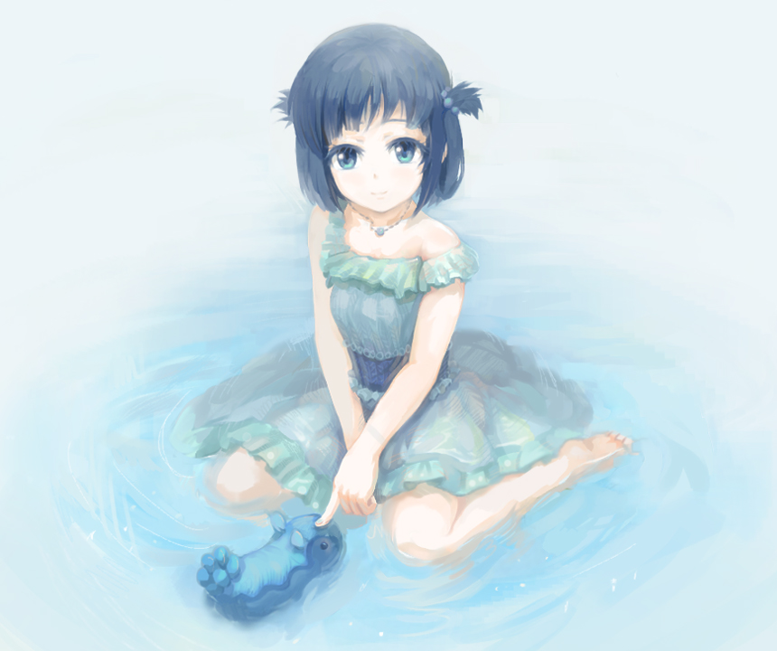 barefoot black_hair blue_eyes dress folded_hair hair_rings karoro long_hair nagi_no_asukara sea_slug shiodome_miuna twintails