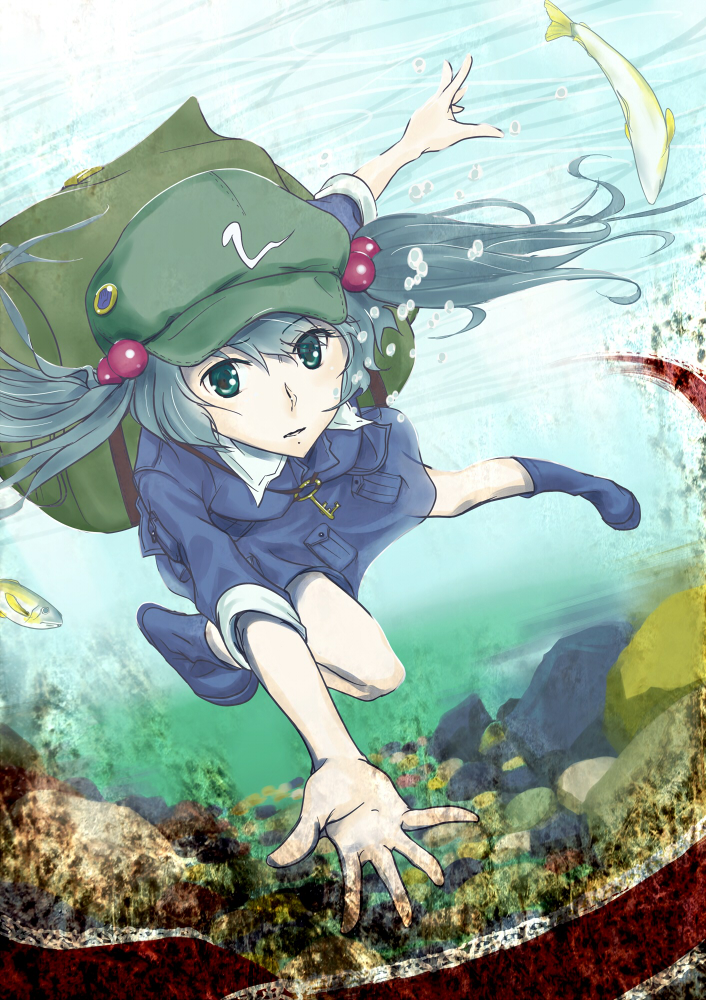 backpack bag blue_eyes blue_hair boots bubble bubble_blowing cabbie_hat coral dress fish floating_hair hair_bobbles hair_ornament hat kawashiro_nitori key light_rays long_sleeves looking_at_viewer outstretched_arm outstretched_arms plant pocket reaching reaching_out rock rubber_boots shirt short_hair skirt skirt_set solo sunbeam sunlight touhou two_side_up underwater wet wet_clothes