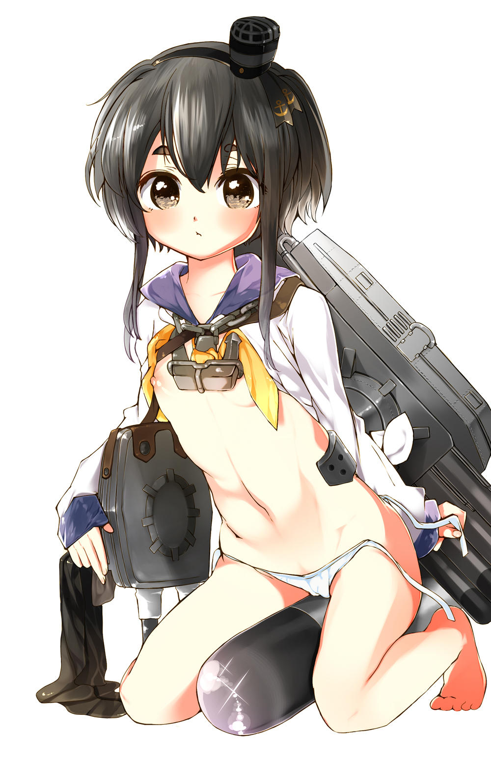 bad_id bad_pixiv_id bare_legs barefoot between_legs black_hair black_legwear breasts brown_eyes full_body hat highres kantai_collection long_sleeves looking_at_viewer mini_hat navel nipples nobori_ranzu open_clothes open_shirt panties partially_undressed school_uniform serafuku shirt shirt_lift short_hair side-tie_panties simple_background small_breasts solo thighhighs thighhighs_removed tokitsukaze_(kantai_collection) underwear undressing untied untied_panties untying white_background white_panties