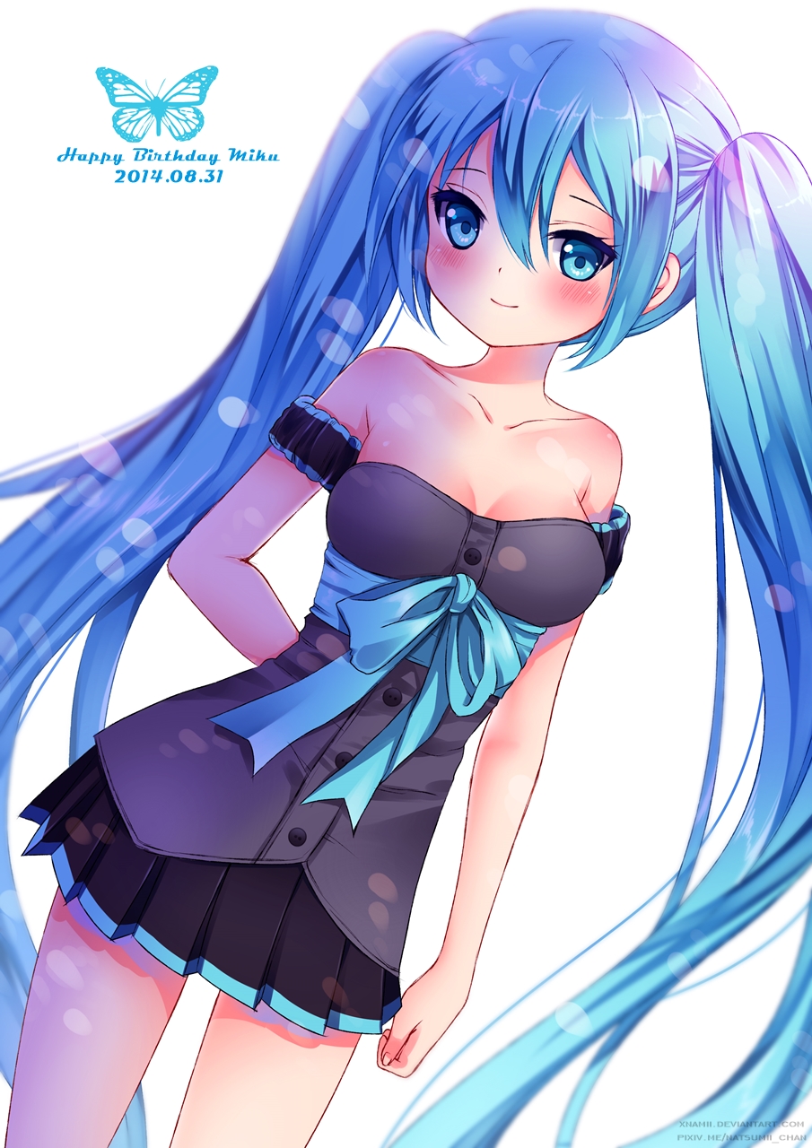 2014 blue_eyes blue_hair blush character_name dated dress happy_birthday hatsune_miku highres long_hair natsumii_chan smile solo twintails very_long_hair vocaloid white_background