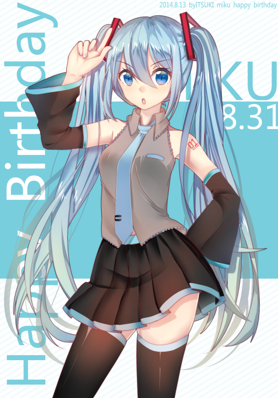 2014 artist_name blue_eyes blue_hair character_name dated detached_sleeves hand_on_hip happy_birthday hatsune_miku itsuki_(yishu) long_hair necktie open_mouth skirt solo thighhighs twintails very_long_hair vocaloid