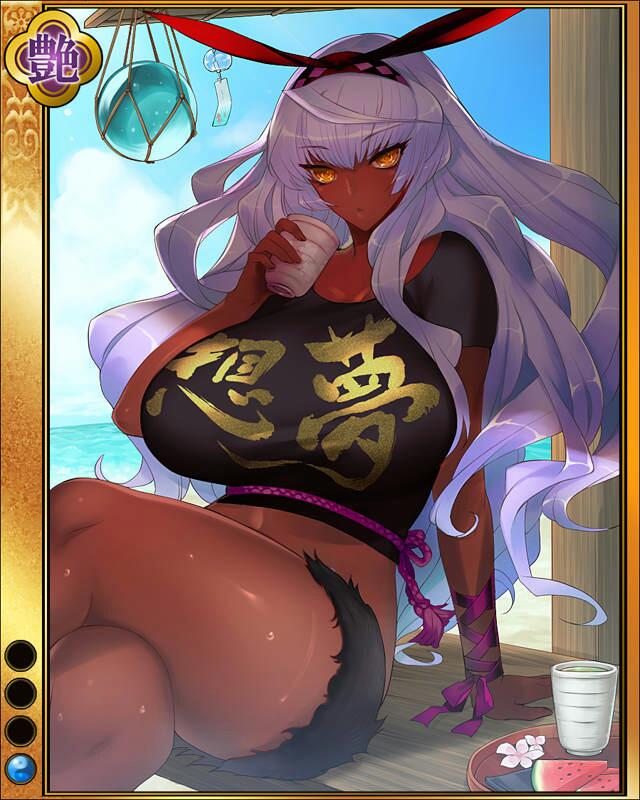 artist_request beach breasts clothes_writing crop_top crossed_legs dark_skin day food fruit hairband itou_ittousai_(sengoku_bushouki_muramasa) jpeg_artifacts large_breasts long_hair official_art purple_rope ribbon rope sengoku_bushouki_muramasa sitting sky solo water watermelon yellow_eyes
