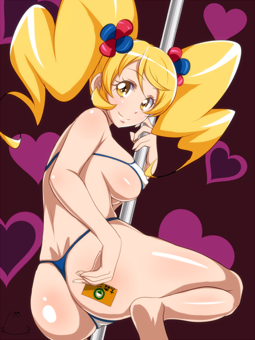 ass bikini blonde_hair breasts covered_nipples cure_honey happinesscharge_precure! heart heart_background jabara_tornado large_breasts long_hair looking_at_viewer looking_back oomori_yuuko pole pole_dancing popcorn_cheer precure shiny shiny_skin skindentation smile solo stripper_pole swimsuit thong_bikini twintails yellow_eyes