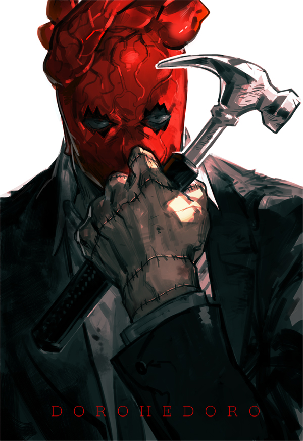 copyright_name dorohedoro formal hammer holding holding_weapon looking_at_viewer male_focus mask necktie shin_(dorohedoro) shishio solo stitches weapon