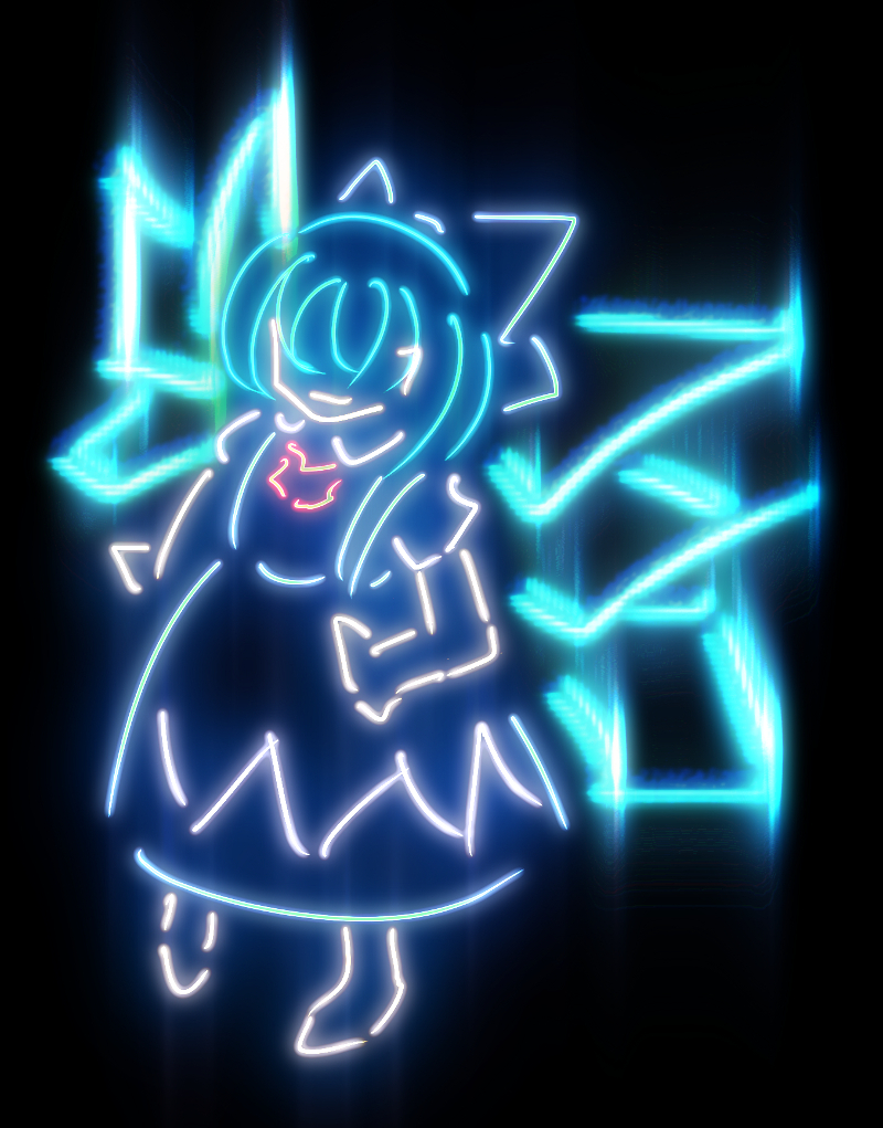 blue_hair bow cirno dress fairy glowing groove_summoners hair_bow hands_on_hips no_eyes ribbon short_hair simple_background smirk solo sparkle touhou wings