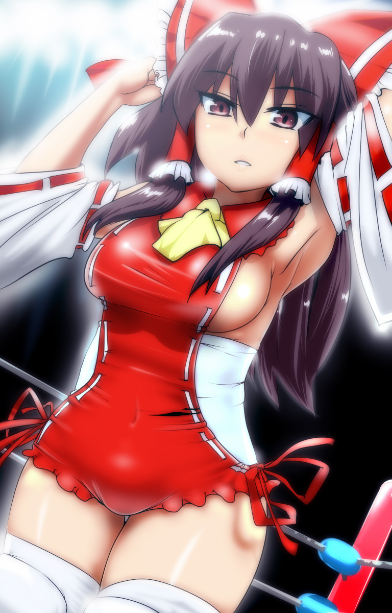 alternate_costume armpits arms_up bad_id bad_pixiv_id black_hair borrowed_design breasts detached_sleeves hakurei_reimu highres hyudora large_breasts long_hair red_eyes shirt sideboob solo taut_clothes taut_shirt thighhighs touhou tsurime wrestling_ring