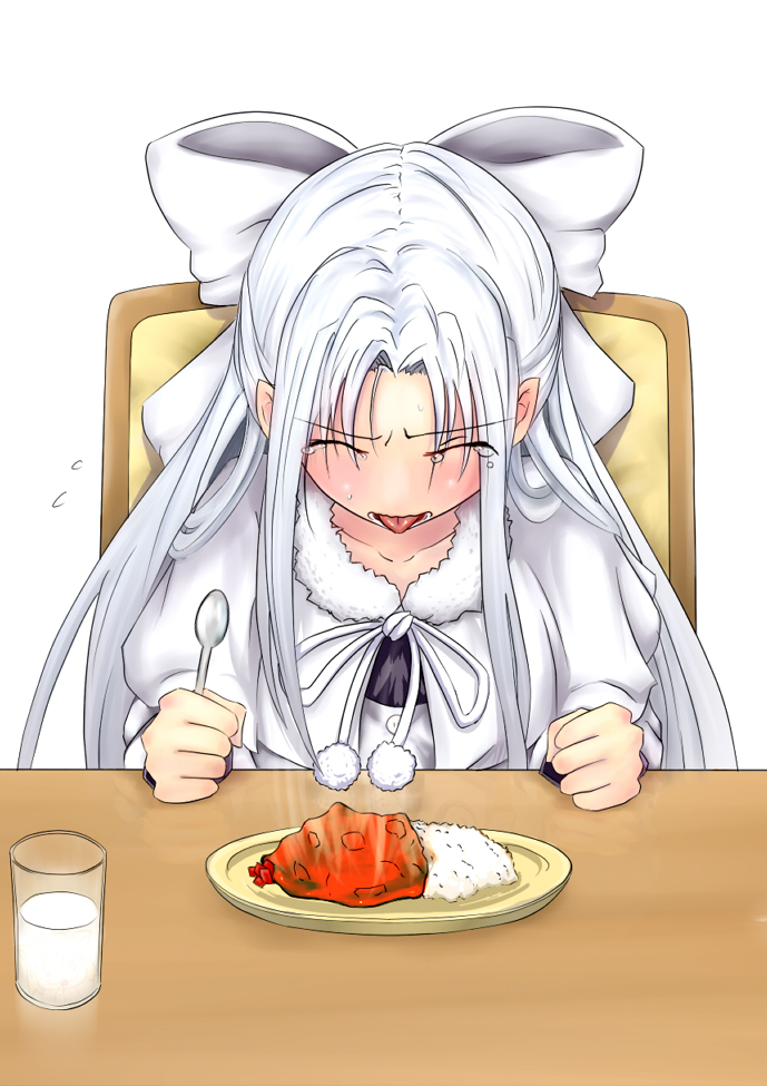 closed_eyes curry food hair_ribbon hands long_hair melty_blood mikeco milk ribbon sitting solo spicy tears tongue tsukihime white_hair white_len