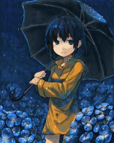 blue_eyes blue_hair copyright_request flower hydrangea kitsune_(kazenouta) lowres rain short_hair smile solo umbrella