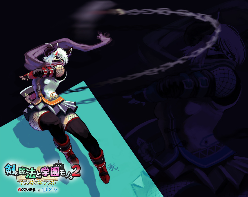 diablos_(totomono) fishnets horns ken_to_mahou_to_gakuen_mono ken_to_mahou_to_gakuen_mono_2 kusarigama mask ninja rejean_dubois scarf sickle skirt solo thighhighs weapon zoom_layer