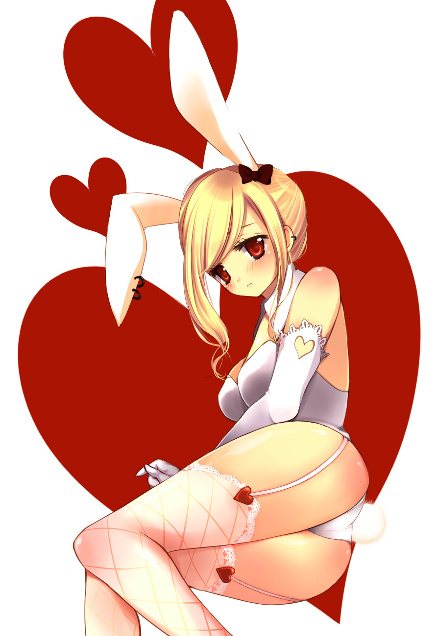 animal_ears ass bare_shoulders blonde_hair blush bow breasts bunny_ears bunny_girl bunny_tail bunnysuit cleavage earrings elbow_gloves fishnet_legwear fishnets garter_belt garters gloves hair_bow heart highres jewelry large_breasts legs long_hair lying original red_eyes solo tail thighhighs white_legwear wing_collar yugaa