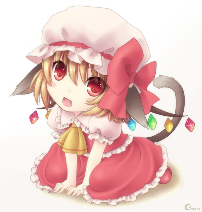 animal_ears bad_id bad_pixiv_id blonde_hair cat_ears cat_tail cccxx flandre_scarlet hat heart kemonomimi_mode red_eyes short_hair solo tail touhou wings